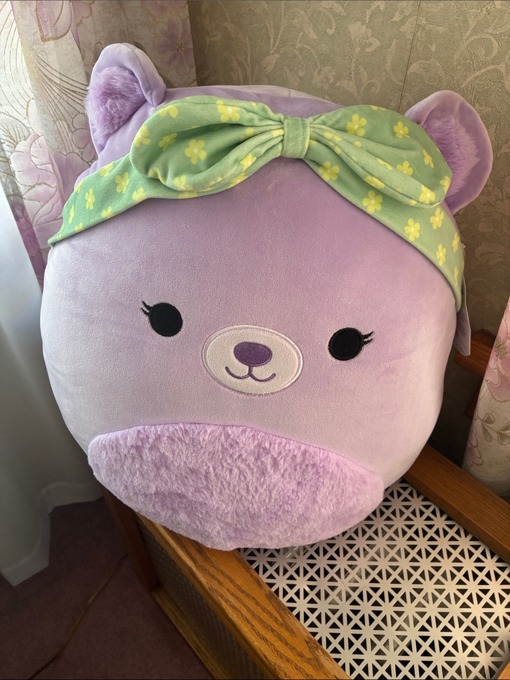 Squishmallows Lavender Plush Bear with Green Floral Bow